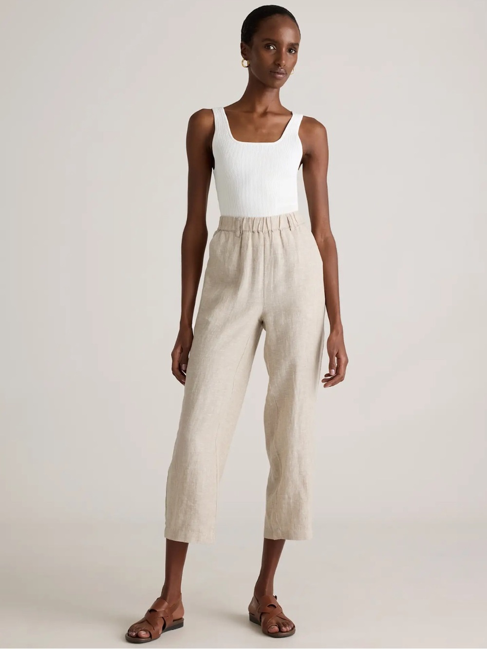 Quince Beige Cropped Linen-Blend Pants